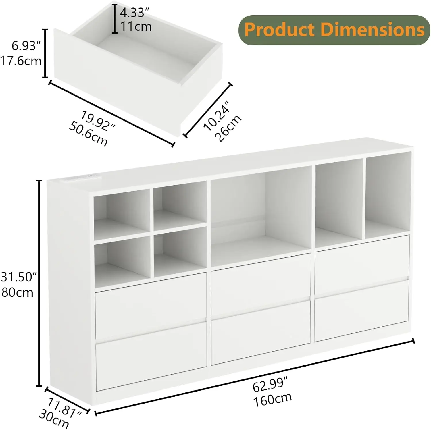 Cómoda de 6 cajones con 7 cubículos de almacenamiento, cómoda LED con toma de corriente, organizador de cómoda larga y triple de 63" para cama