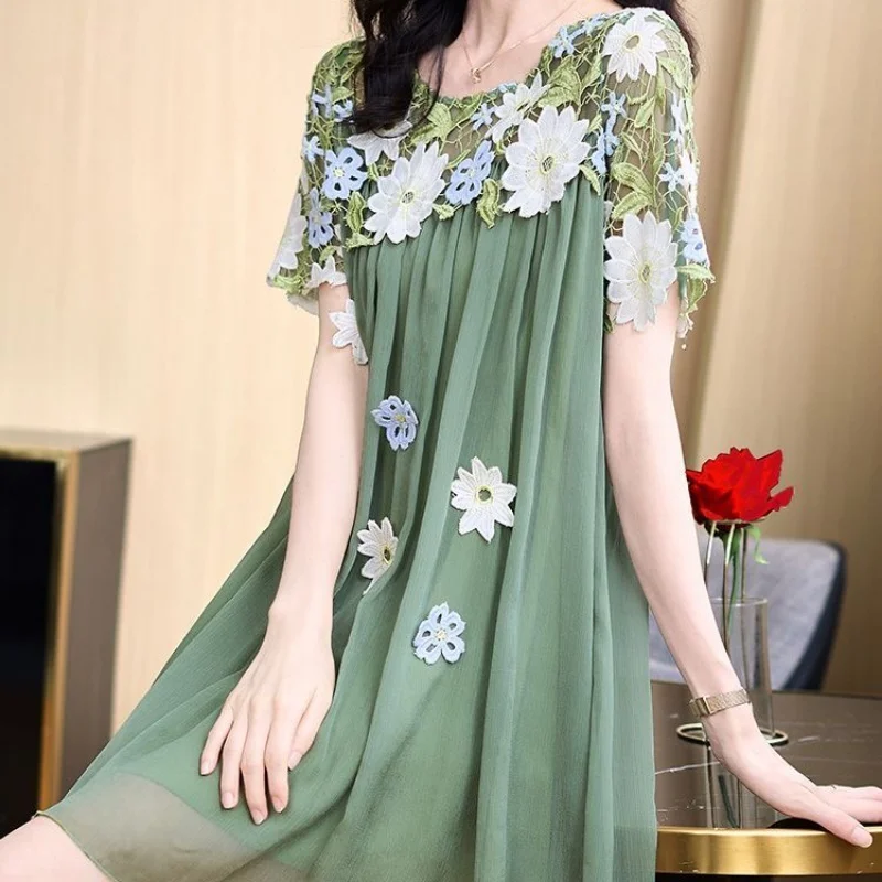 

Green Floral Embroidered Short Sleeve A-Line Dress Loose Fit Summer Women Korean Style Mini Dress Chiffon