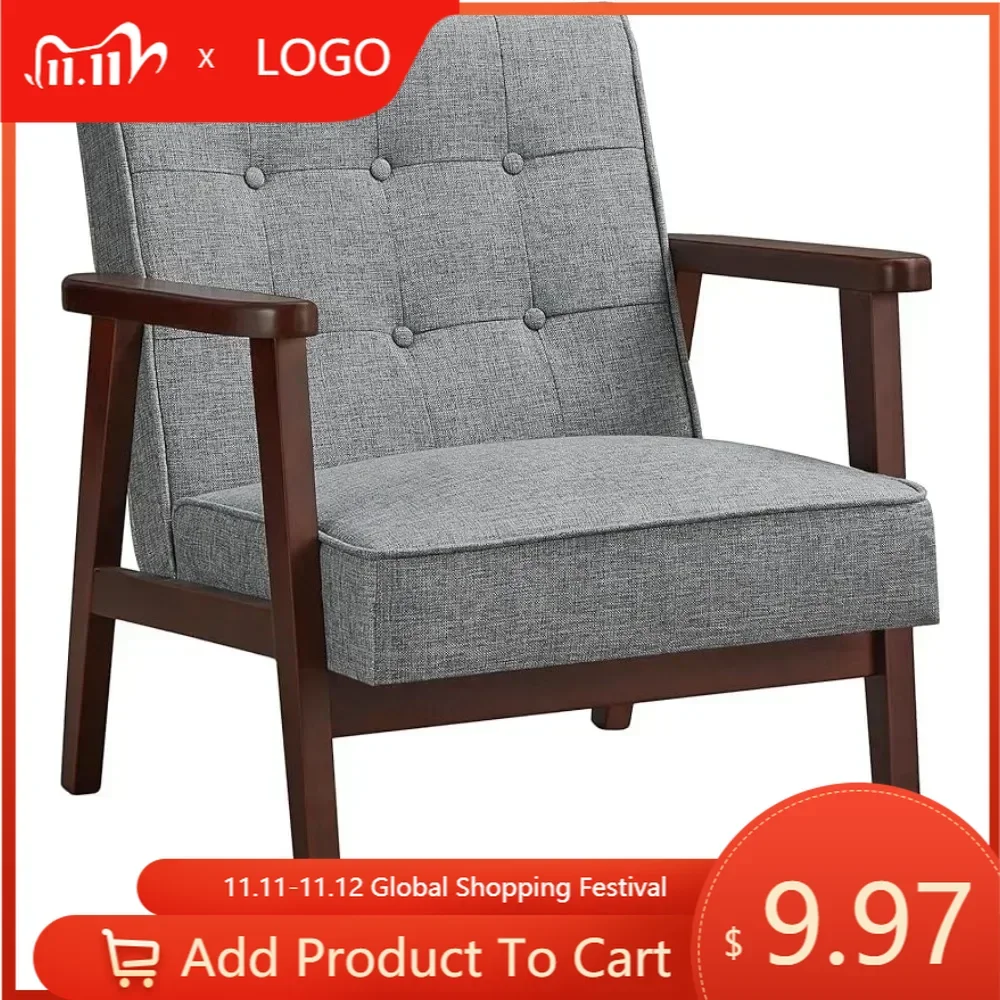 

Accent Leisure Chair, Mid-Century Modern Arm Chair with Solid Wood Armrests and Legs, 1-Seat Cushioned Sofa, Light Gray