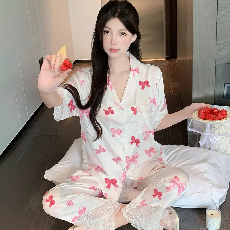 

Pjs Setice Silk Pajamaswomen's Pajama Setwomen's Spring and Summer Pajamaspure Desire Lace Edgefashionable Home Clothes