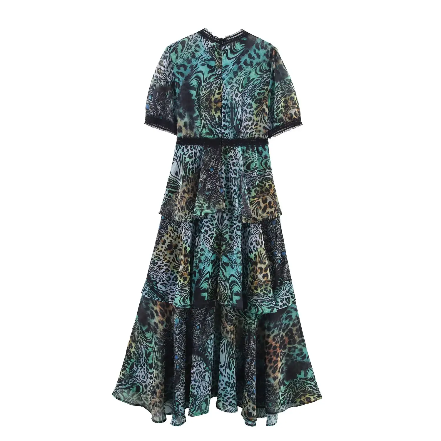 2025 retro leopardo impressão manga curta puff maxi vestido feminino emendado renda cintura 3 camadas bainha vestidos assimétricos verão longo robe