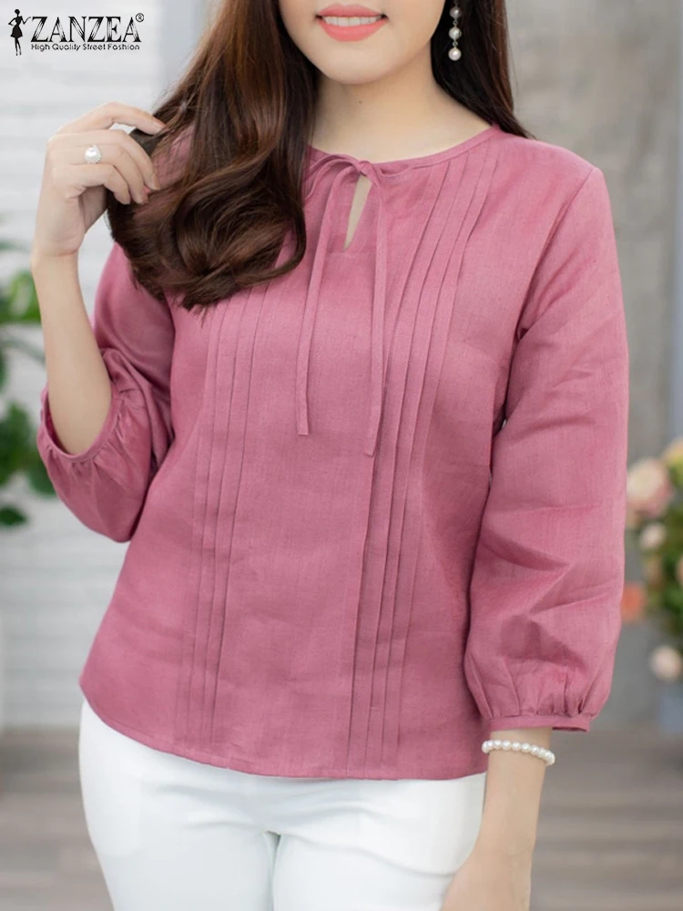 

ZANZEA Women Blouse Fashion Solid Color 3/4 Puff Sleeve Shirts 2025 Autumn Lace-up Neck Tops Casual Loose Pleating Basic Tunics