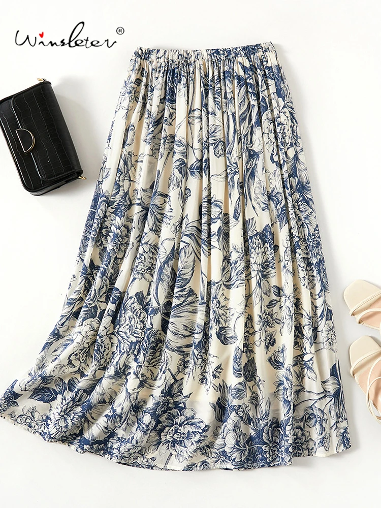 

Winsleter-Women 100% Silk Elegant Skirts, Elastic Waist Floral Printed, Retro Commute A-line Skirt, 2025 Autumn New B59138CC