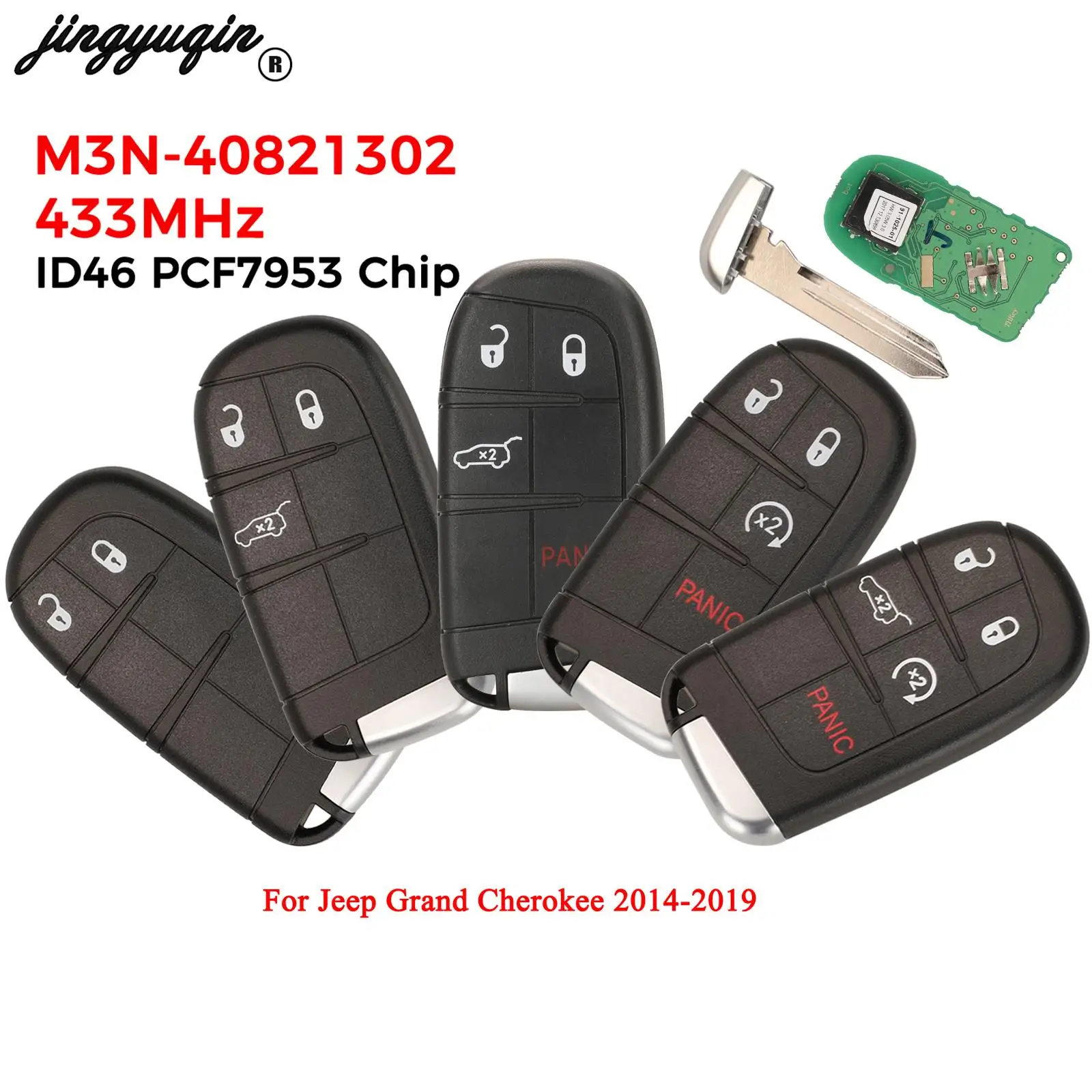 Jingyuqin M3N- 40821302   Auto Afstandsbediening Sleutel 433MHz ID46 PCF7953 Chip Voor Jeep Grand Cherokee 2014-2019 Fob 2/3/4/5 Knoppen