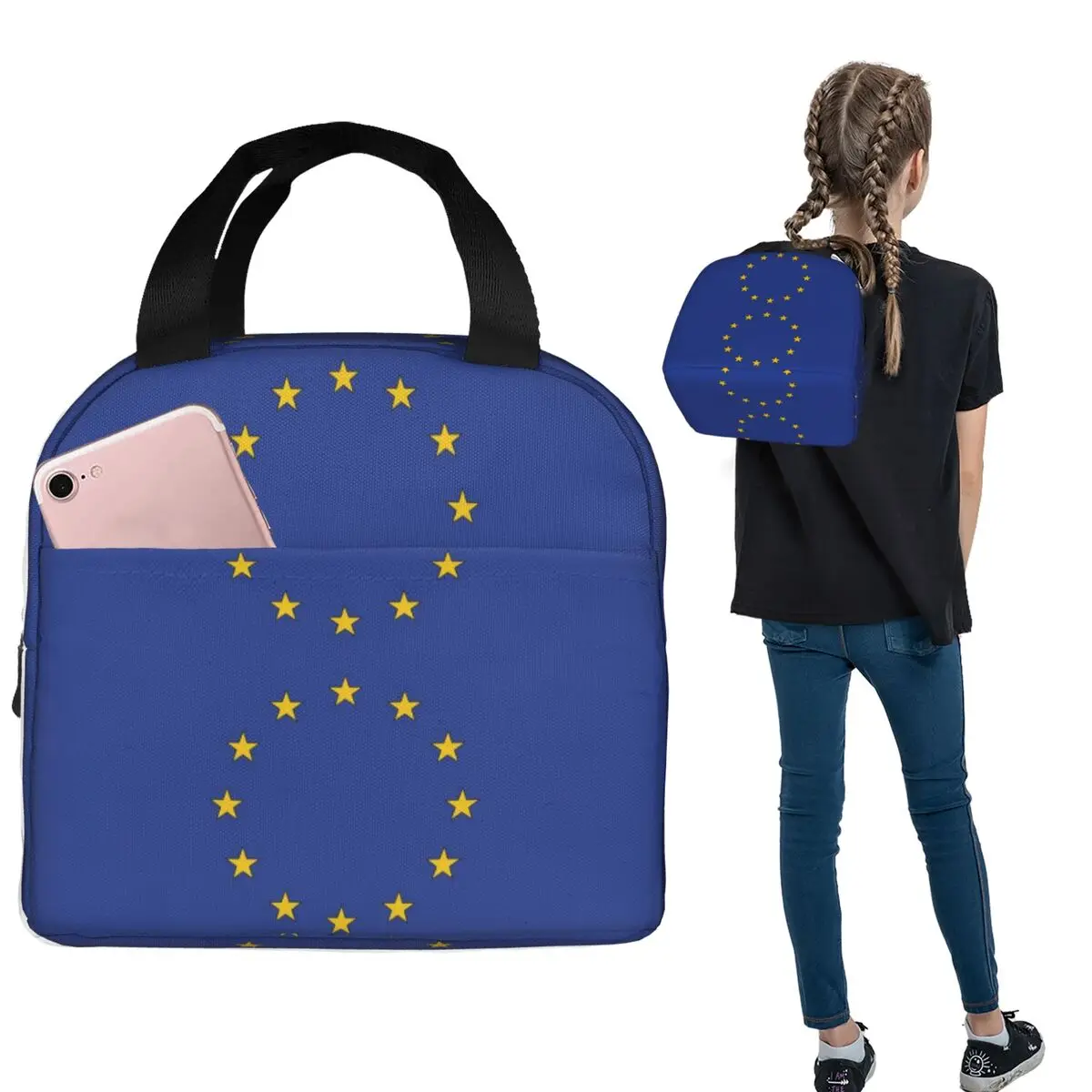 European Union EU Flag Insulated Lunch Bag for Women Children Portable Food Boxes Thermal Lunch Box Tote