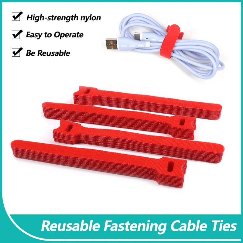 

Red Reusable Fastening Cable Ties Mouse Phone Accessories Wire Management Releasable Nylon Cable Loop Hoop Straps T-type Tie DIY