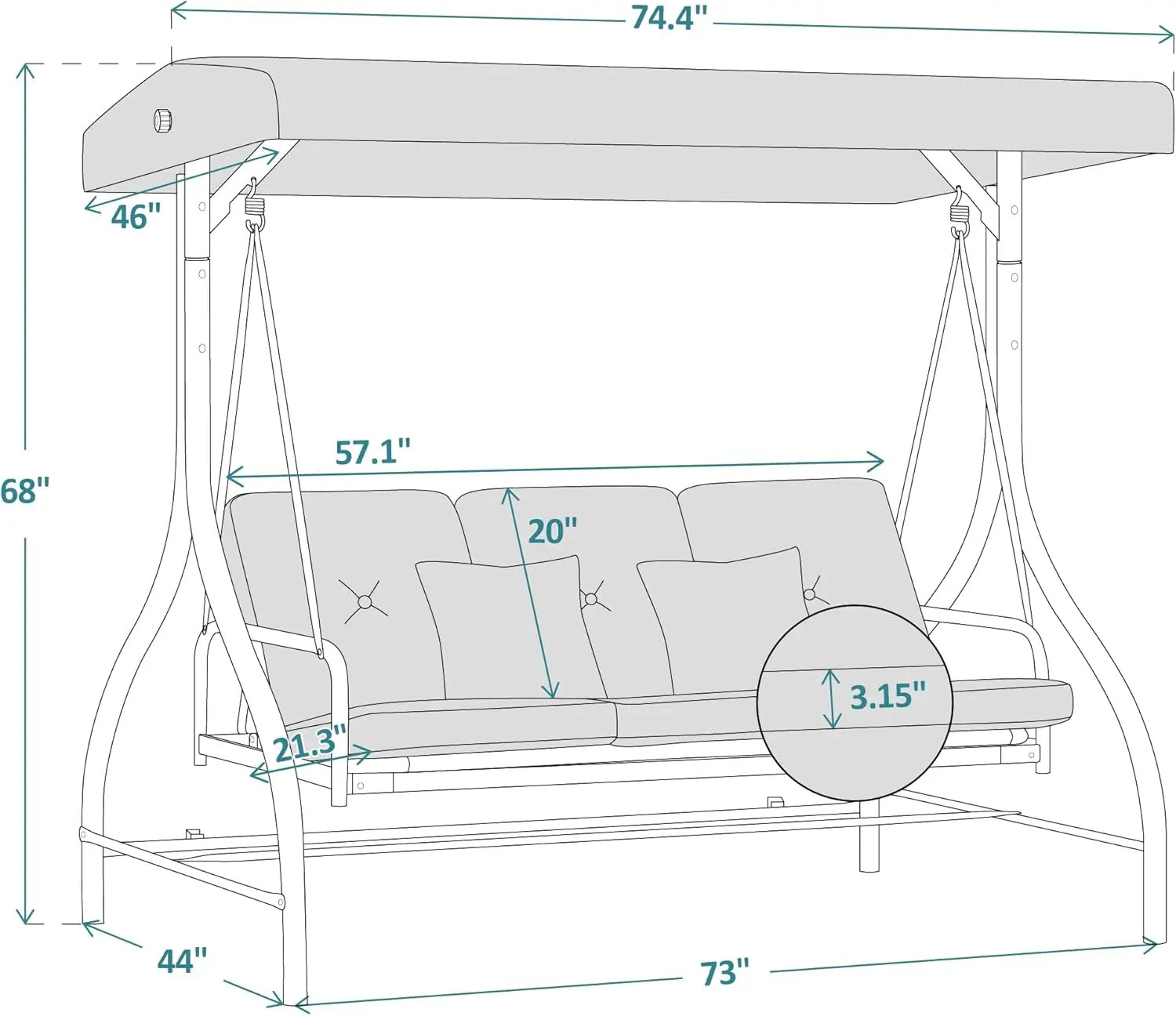 MCombo 3-Sitzer-Terrassen-Schaukelstuhl für den Außenbereich, verstellbare Rückenlehne, Baldachin, Veranda-Schaukel, Segelflugzeugstuhl mit Kissen, 4068 (grau)