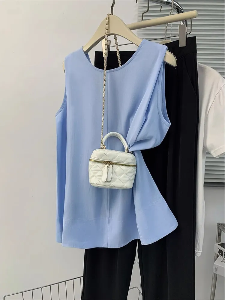 

Blue Summer New Loose Slim Fit round Ne Svel Vest Women Casual High End Feeling Top Commute Sle Loose Fit Casual ro...