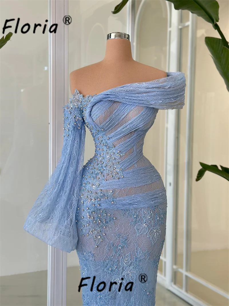 Baby Blue Arabic Crystal Evening Dress See Through One Shoulder Lace Appliques Long Prom Dresses Robe de Soiree Femme Plus Size