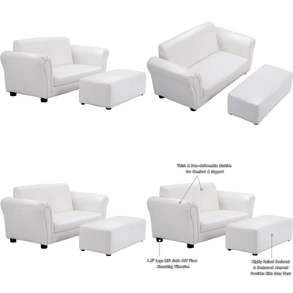 

2-in-1 Kids Couch with Footstool, White PU Leather Double Seat Sofa for Toddlers, Armrest Lounge Chair for Boys and Girls Bedroo