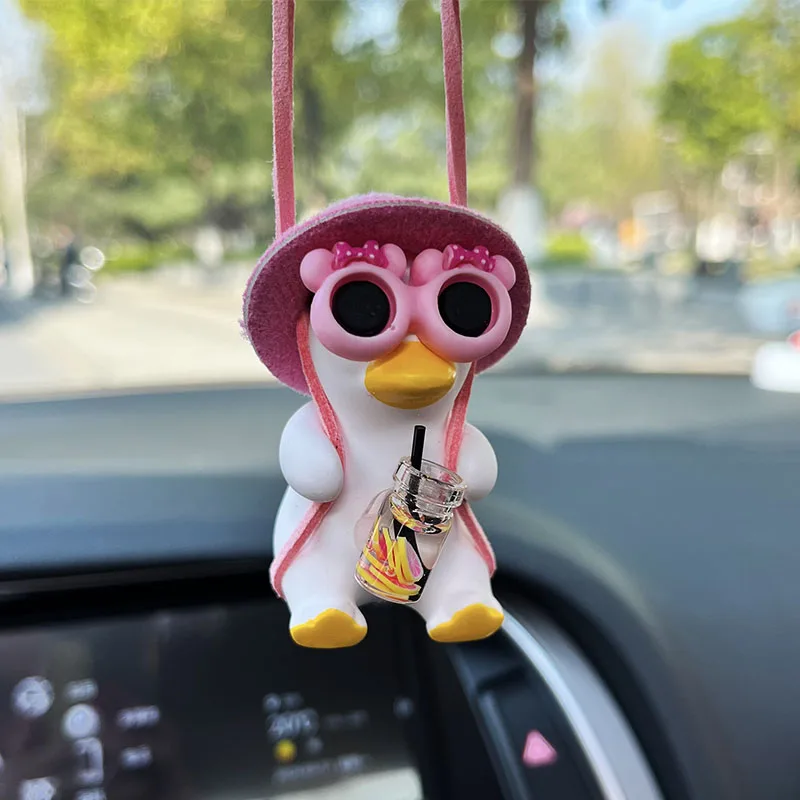 Anime Pink Swing Duck Car Decoration Pendant Cute Auto Rearview Mirror Hanging Ornament For Women Car Ineriror Accessories