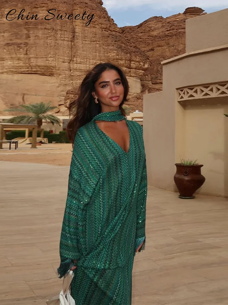 

Elegant Tassel Scarf Long Dress Women Loose Green V-neck Long Sleeve Dresses Female 2025 Summer Lady Beach Party Vacation Robes