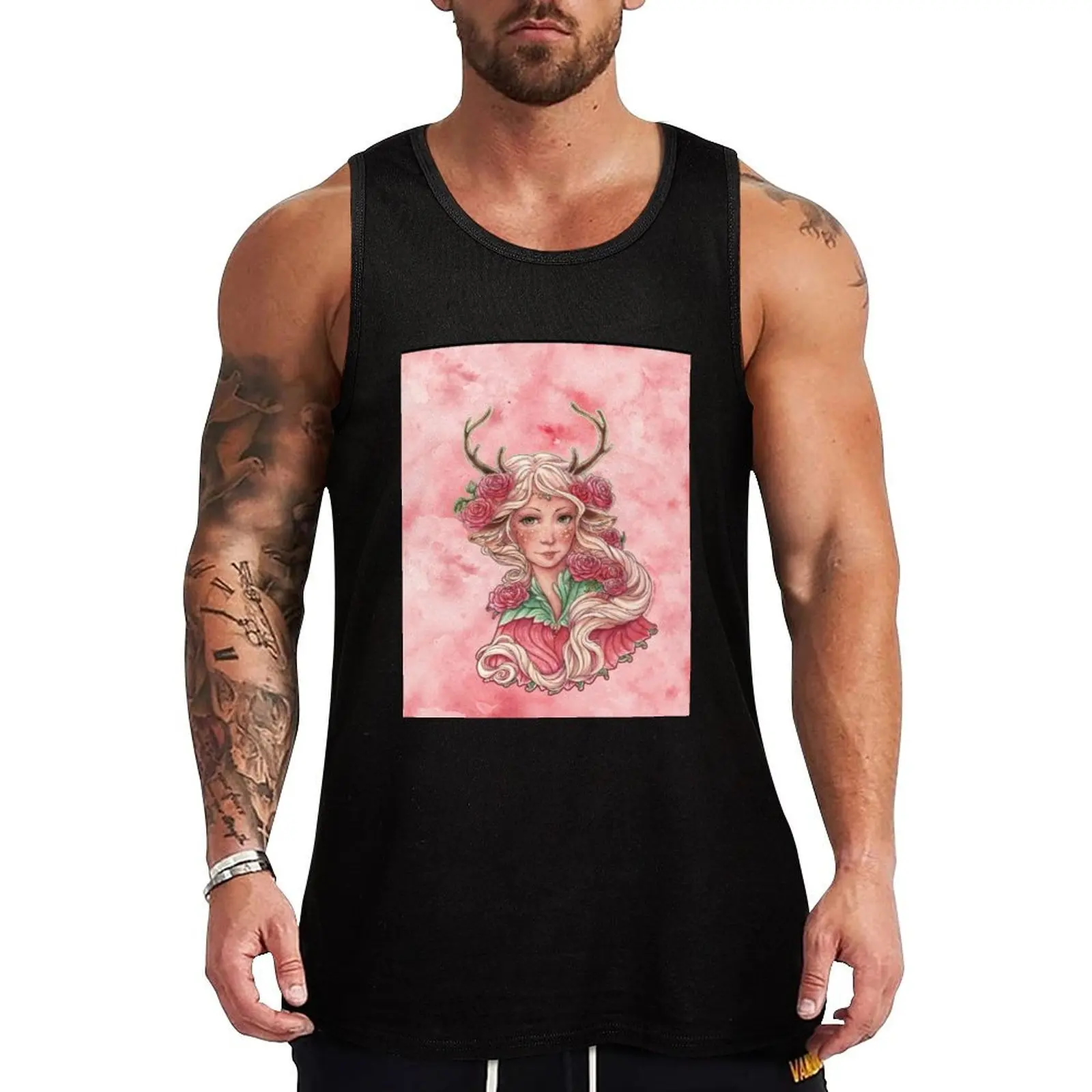

Faun Girl with Pink Flowers Tank Top clothing men sleeveless shirts Men's gym