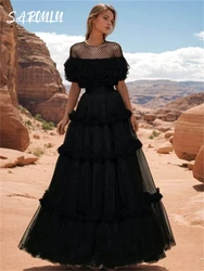 Masquerade Ball Gown O Neck Black Tulle Wedding Dress Gothic Prom Dress Maxi Bridal Gown Plus Size Women's Bride Dresses