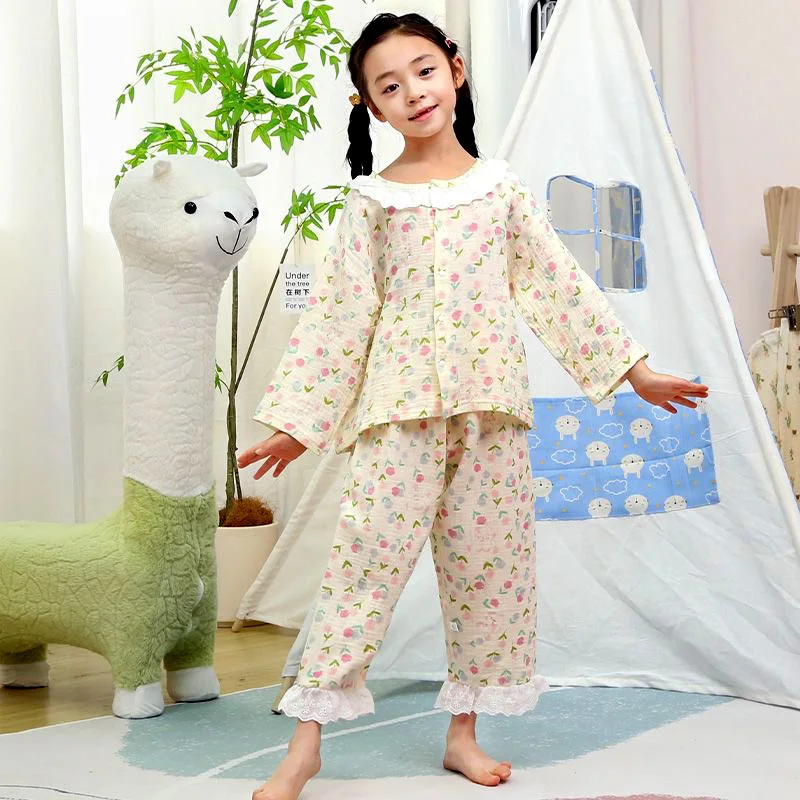 Girls pyjamas Clothes Children\'s Muslin Cotton Homewear Set Baby Lace Outfit Suit Shirt Tops+Pants 2PC 0-10 Years