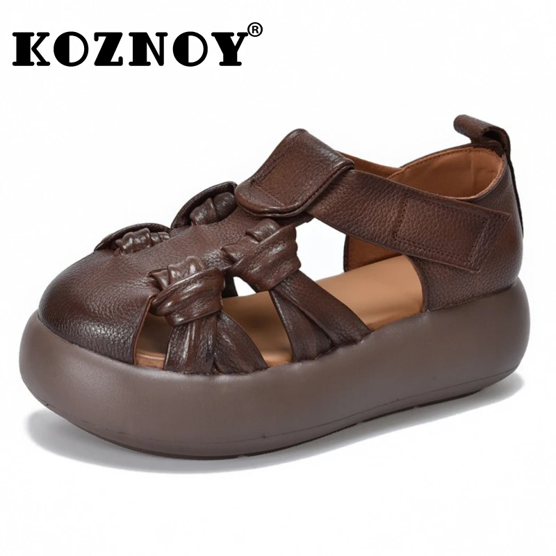 

Koznoy 5.5cm Cow Weave Genuine Leather Loafer Sandals Summer Mary Jane Women Soft Sold Flats Hook Fashion Rubber Slippers Shoes