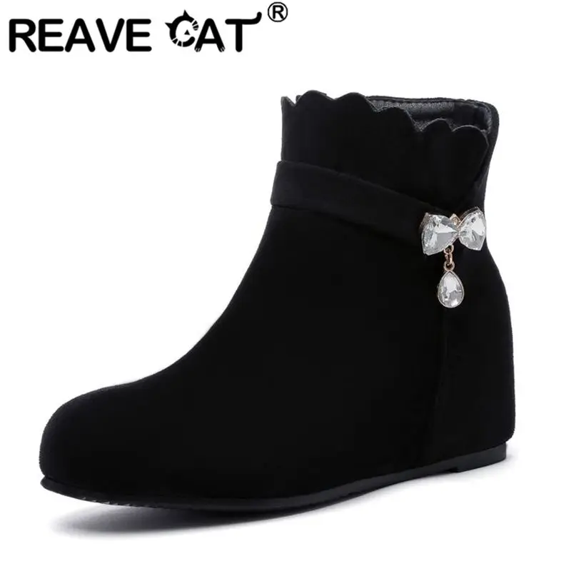 

REAVE CAT Женские ботильоны для отдыха с круглым носком на увеличенном каблуке 5 см из флока и замши с кристаллами, размер 42 43 Daily Bota