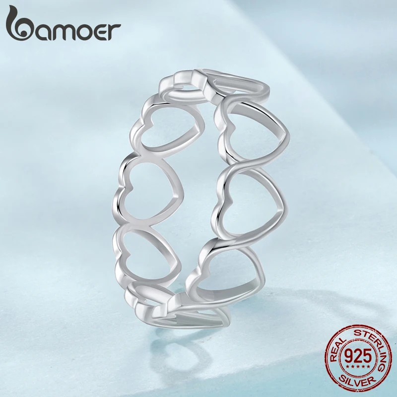 BAMOER S925 Sterling Silver Hollowed Heart Finger Ring for Women Birthday Valentine's Day Gift Sweet Love Fine Jewelry