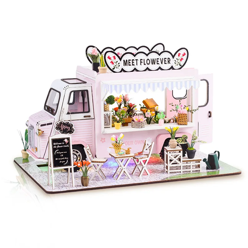 New Wooden Doll House Miniature With Furniture Kit Flowers Cart Model Dollhouses DIY Assembly Toys Children Christmas Gift Casa