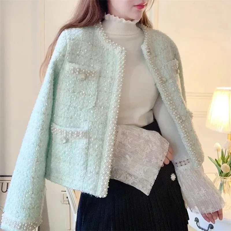 

Sweet Temperament Plaid Tweed Jacket Women Fashion Bead Heart Button Round Neck Celebrity Korean Fashion Chic Spring Sweet Coat