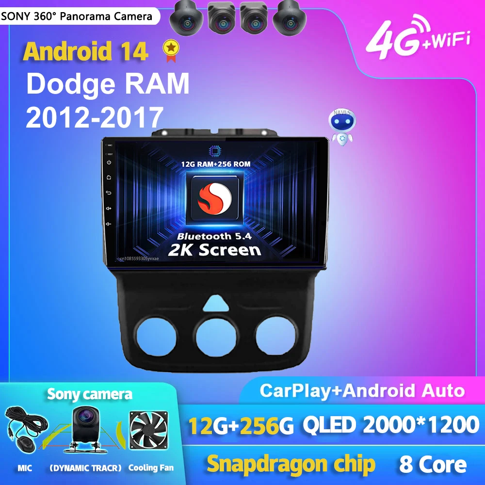 Android 14 Carplay Auto 2K Screen WIFI+4G Car Radio Multimedia Player For Dodge RAM 2012 - 2017 Autoradio Stereo 2din Head Unit