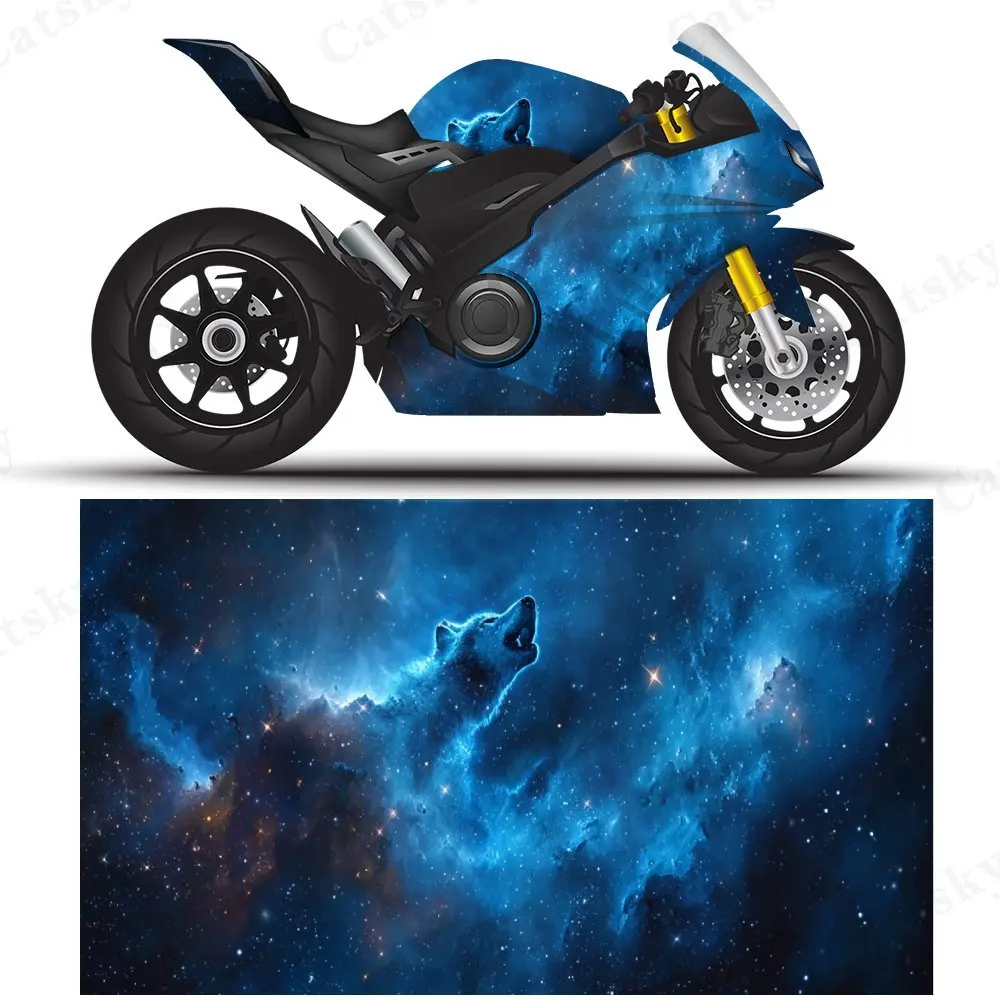 

A wolf in a blue starry sky PVC material self-adhesive waterproof motorcycle car sticker, paste firm and anti-wear, waterproof a