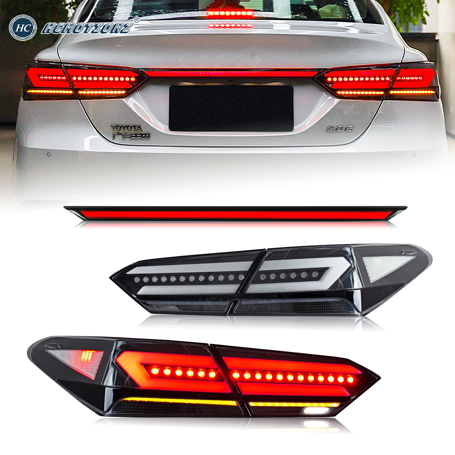 

HCMOTIONZ LED Tail Lights for Toyota Camry with Middle Lamp 2018-2024 DRL Sequential Signal Rear Lamps Assembly