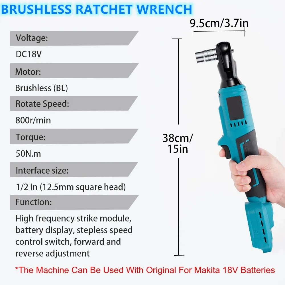 Brushless Electric 50N.m Ratchet Wrench Screwdriver Removal Screw Nut Auto Repair Tool for Makita 18V Battery（Without Battery）