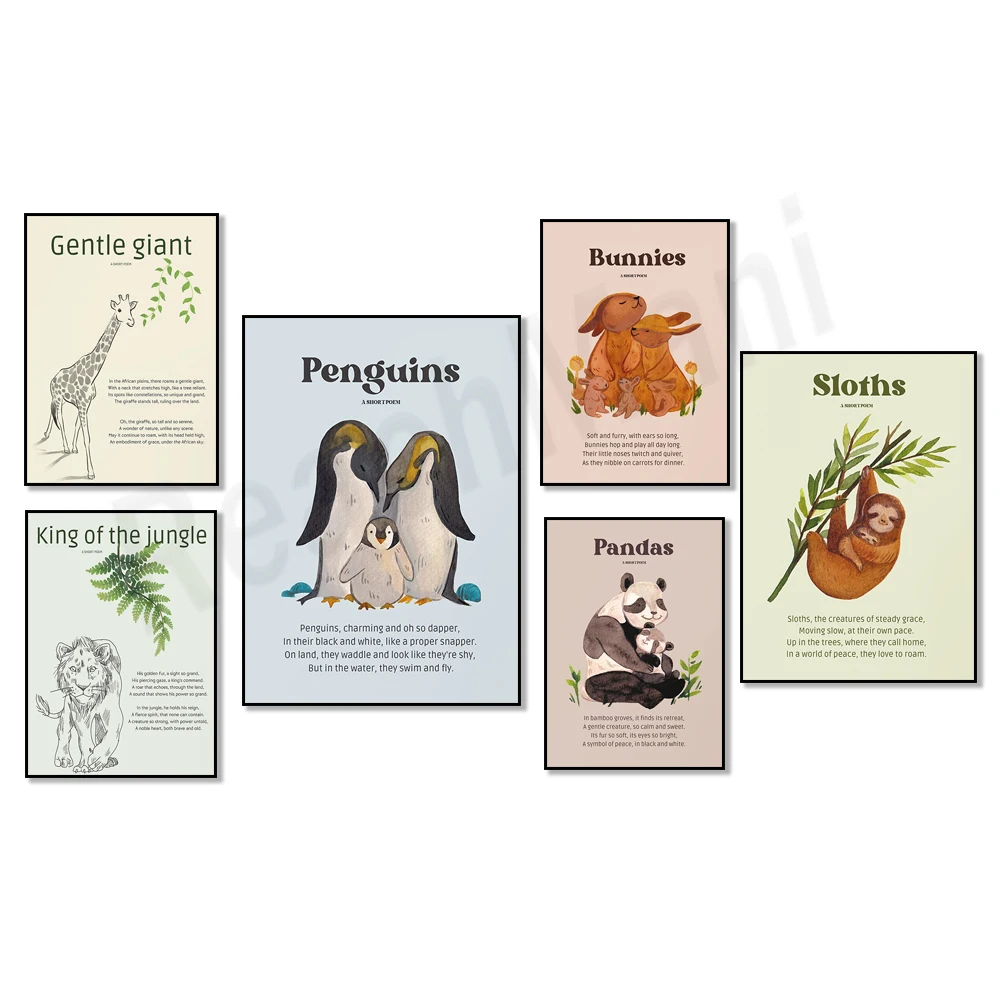 

Penguin, Bunny Woodland, Elephant, Jungle Koala, Panda, Baby Lion, Giraffe, Sloth, Dinosaur Baby Shower Nursery Wall Decor Poste