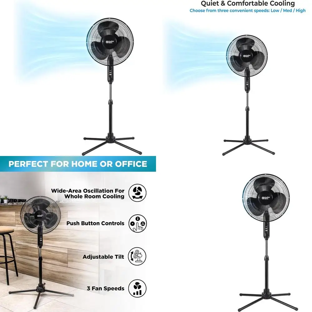 

16-дюймовый 3-скоростной осциллирующий вентилятор с регулируемой высотой и наклоном, черный – сертифицирован ETL