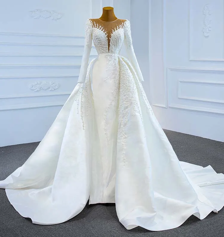 

Luxury Muslim Wedding Dresses Mermaid Long Sleeves Pearls Detachable Dubai Arabic Wedding Gown Bridal Dress Vestios De Novia