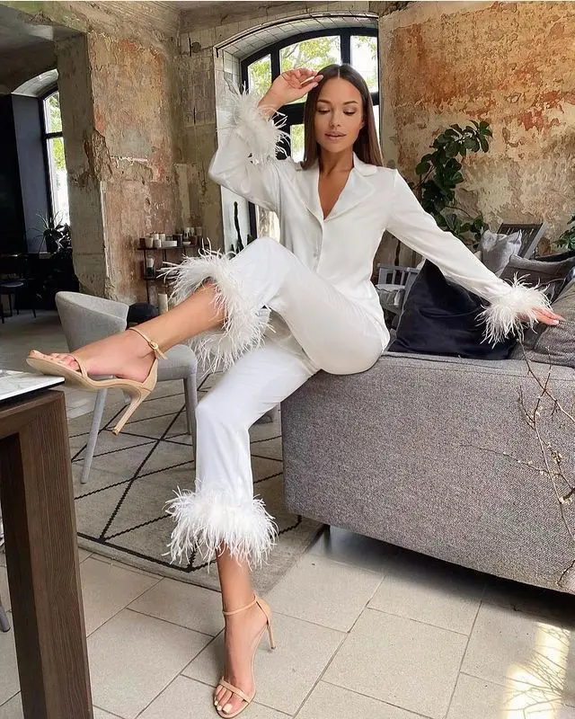 Fashion Feather Pajama Set with Fur Long Sleeve Causal Loose Home Suit Satin Wide Pants Set Elegant Long Sleeve Two Piece Set