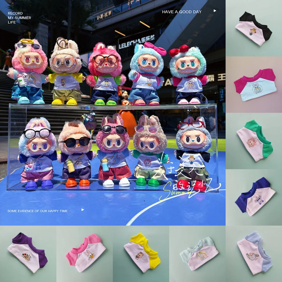 

labubu doll clothes summer casual cute cartoon printed T-shirt pants girl gift