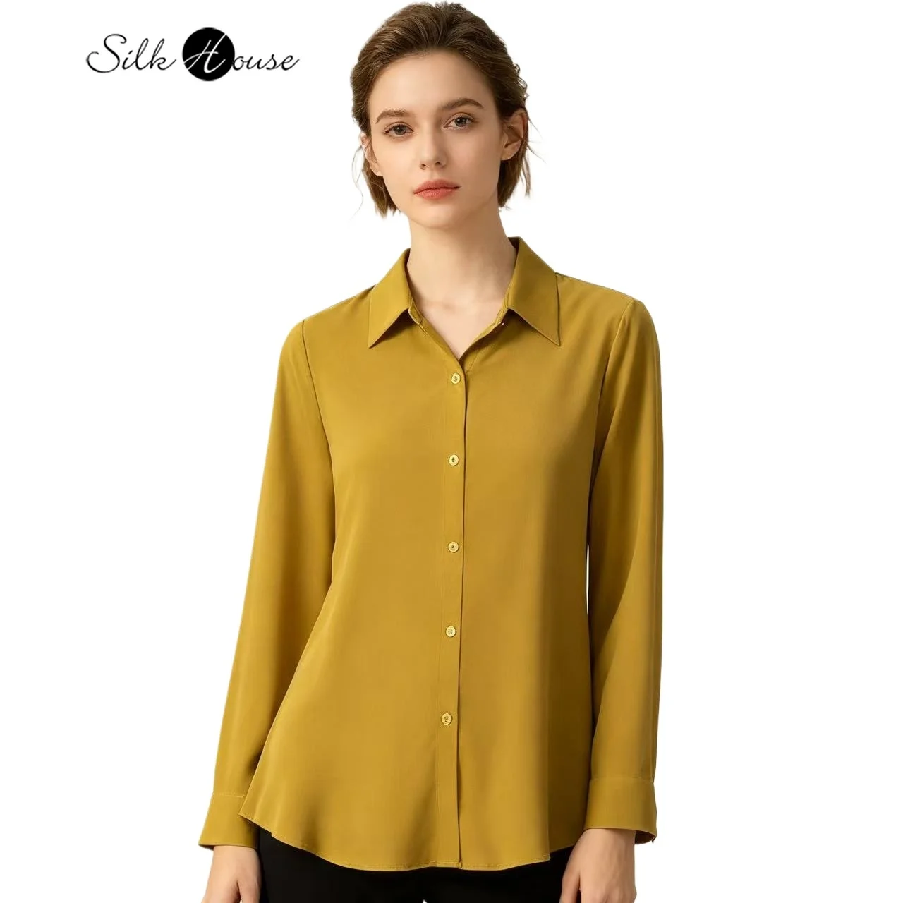 

Autumn Women's Clothing 100% Natural Mulberry Silk 03 Crepe De Chine Brown Yellow Lapel OL Style Versatile Long Sleeved Shirt