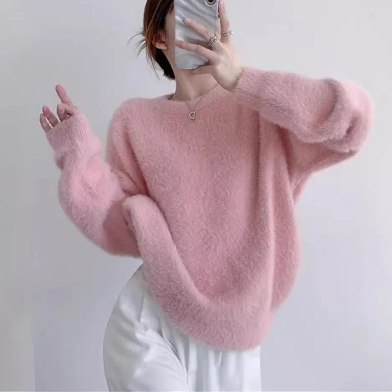

2025 зимняя мода, новый женский элегантный и милый пуловер из искусственного меха норки, свободный и толстый однотонный свитер с длинными рукавами