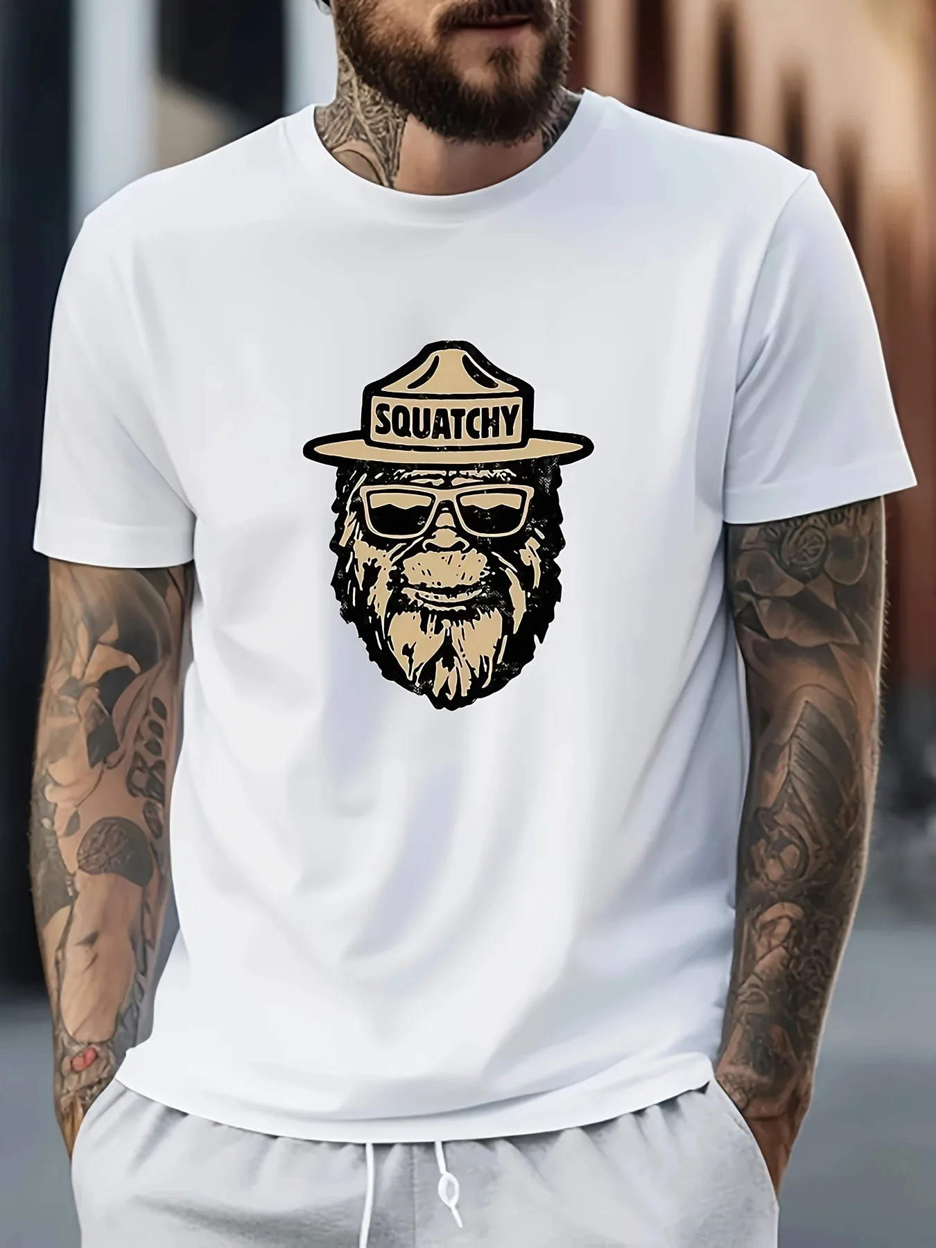 

1 Pc, 100% Cotton T-shirt, SQUATCHY Tees For Men, Casual Cool Animal Print T-Shirt, Short Sleeve T-shirt For Summer