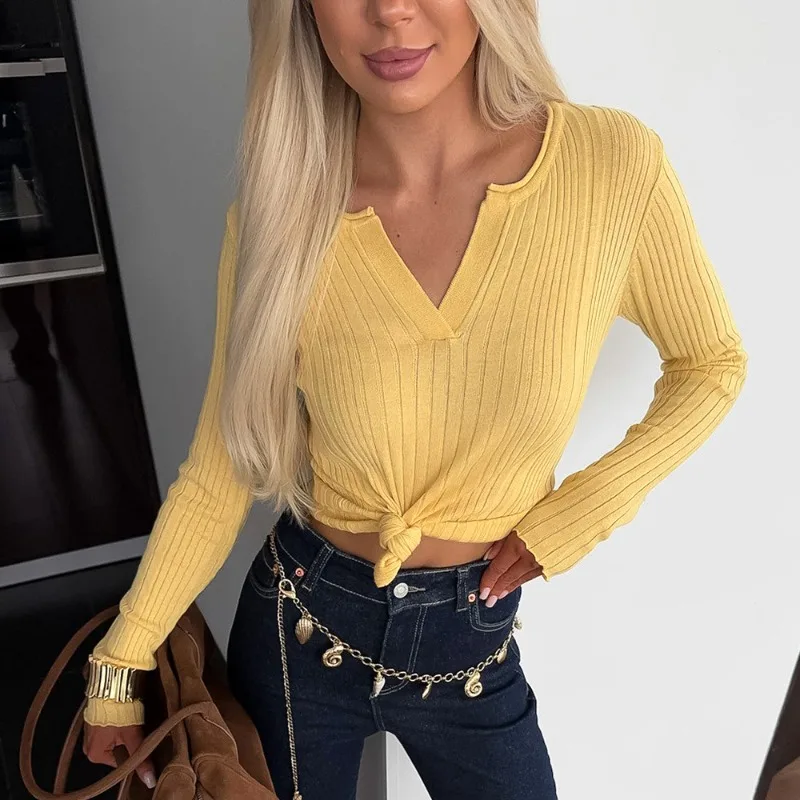 Tsiisd Ribbed V Neck Knit Women's Top Summer Casual Chic Commute Elegant Blouse Daily Streetwear Pullover Female Knit Tees New