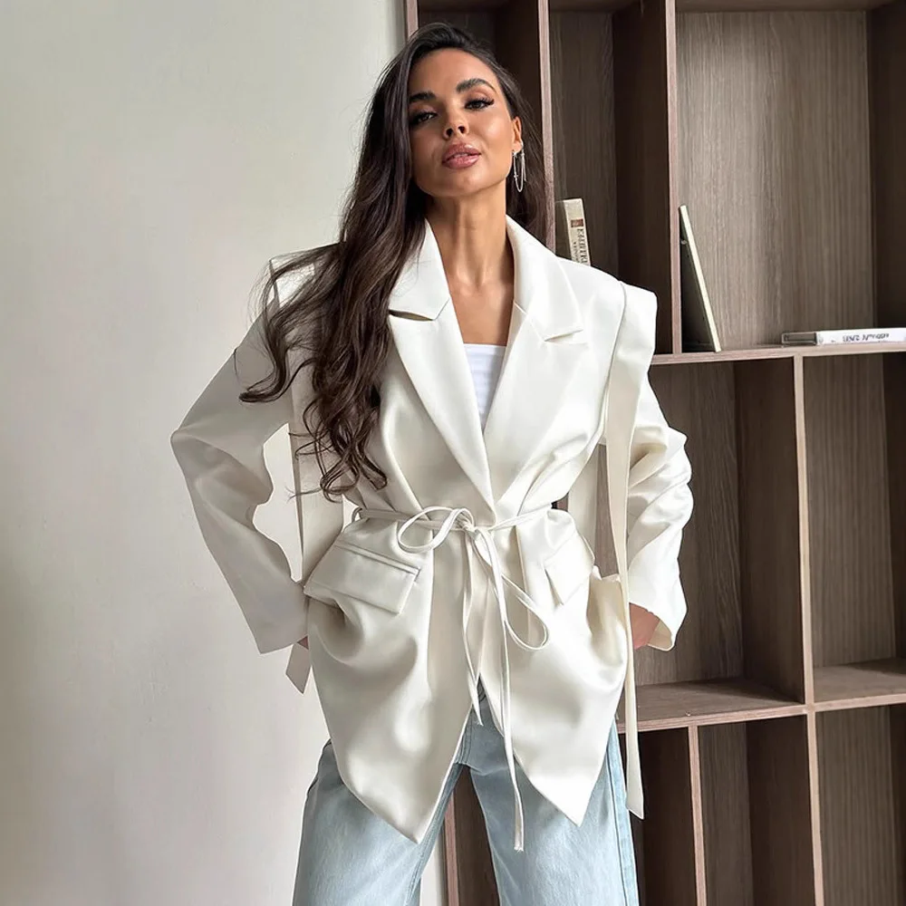 

Профессиональный женский повседневный стиль, свободный удобный однотонный пиджак с лацканами, куртка со шнуровкой на талии, европейско-американская мода