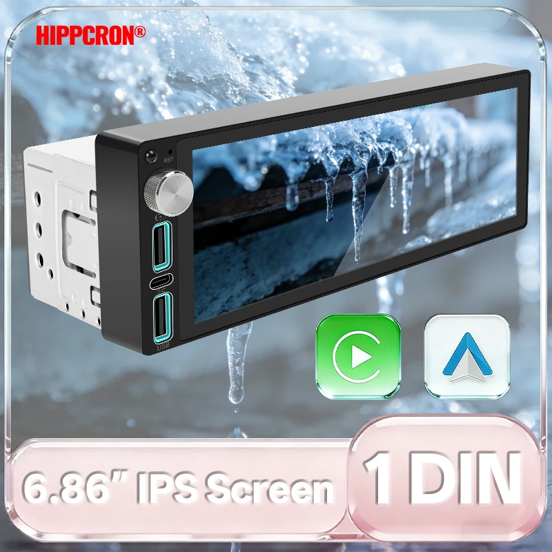 

Hippcron 1DIN Car Radio Carplay/Android Auto Car Audio 6.86" IPS Touch Screen Bluetooth 5.0 USB/Type-C Charge Mirror Link MP5