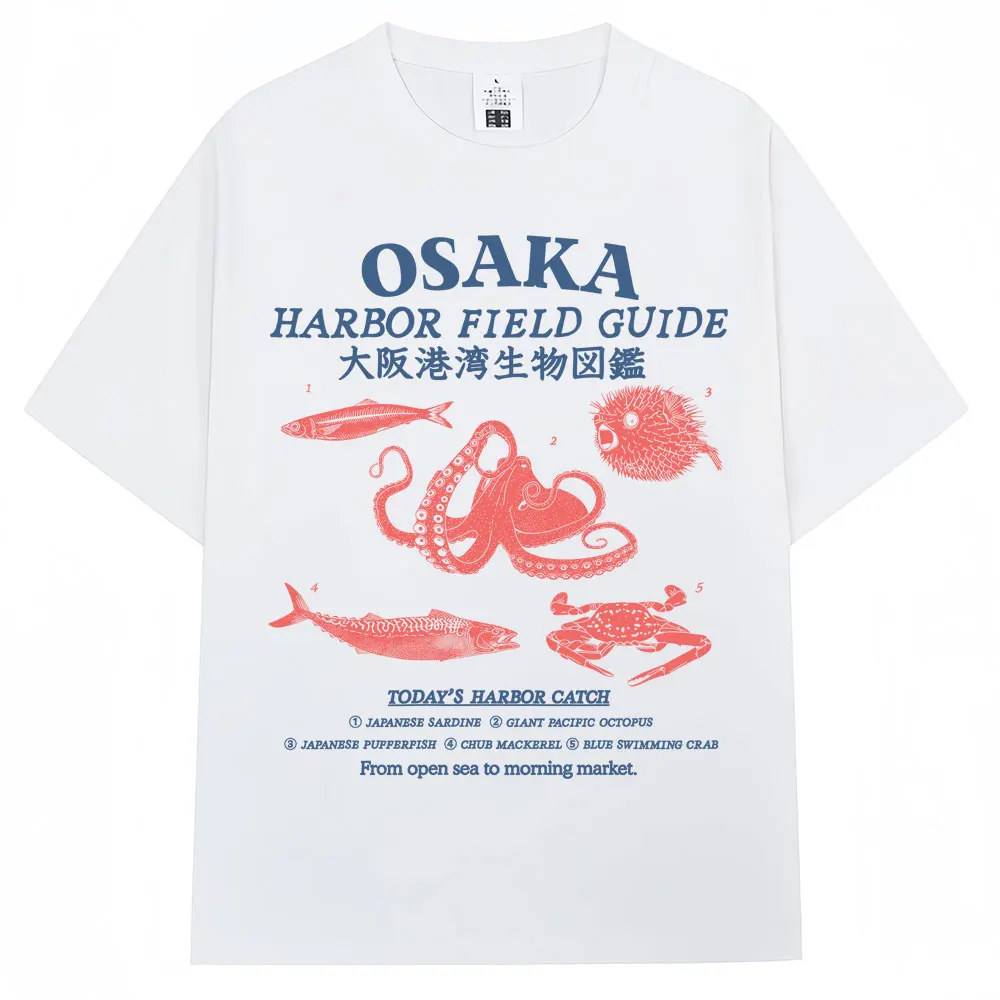 Japanese Style Osaka Harbor Field Guide Graphic T Shirt Men Women Japan Marine Life Octopus T-shirt Loose Cotton Casual T Shirts