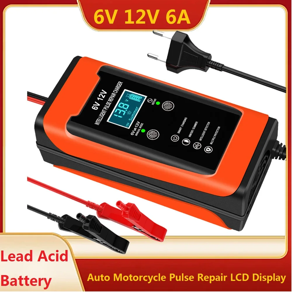 6V 12V 6A Intelligentes Schnell-Ladegerät für Auto- und Motorradbatterien, GEL-Blei-Säure-Ladegerät mit Impulsreparatur und LCD-Anzeige