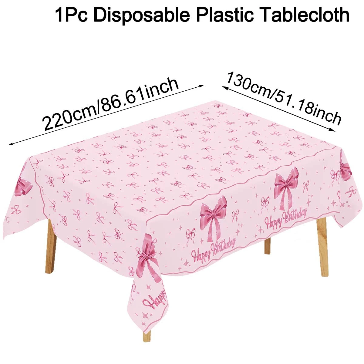 Pink Bow Happy Birthday Plastic Tablecloth 130*220cm Rectangle Disposable Table Cover Happy Birthday Decorations for Picnic Home