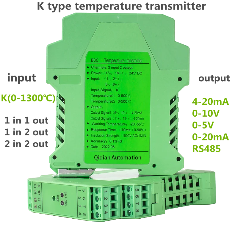 

K type 0-1300℃ Temperature Transmitter 1 In 1 Out 2 In 2 Out Converter 4-20mA 0-10V RS485 Thermocouple Temperature Converter
