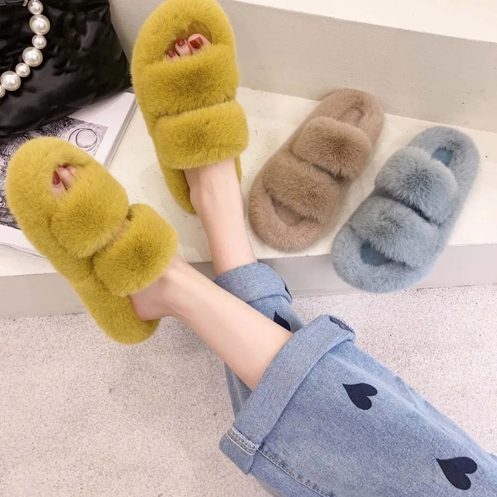 Zapatillas suaves de invierno con punta abierta, zapatillas de algodón de felpa gruesas antideslizantes, calentador peludo de doble barra, zapatos de algodón para el hogar para otoño