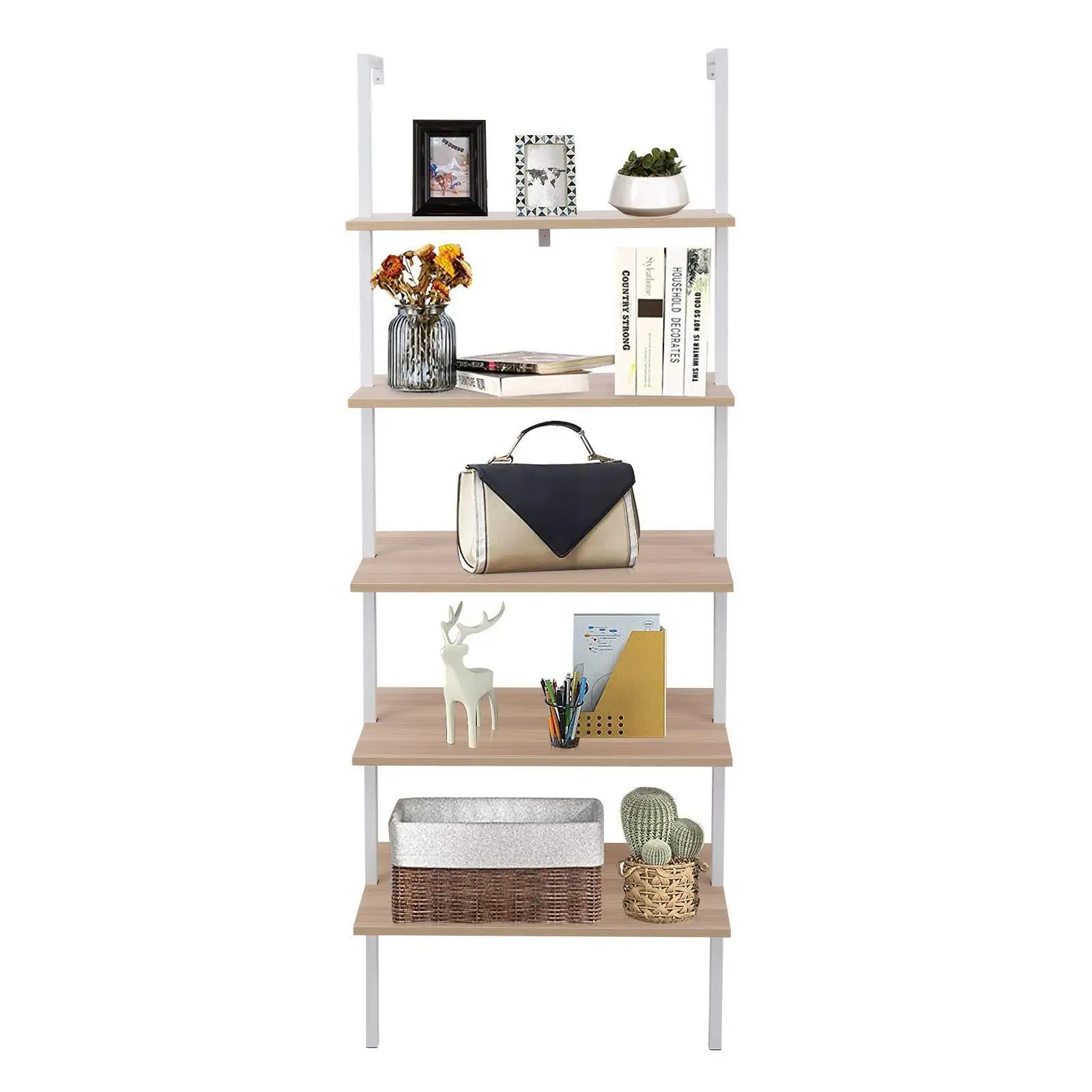

Metal frame walnut color five story wooden bookshelf