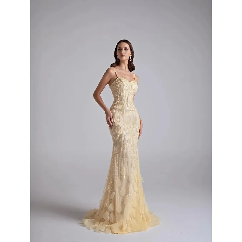 فستان سهرة أنيق بحورية البحر بحزام سباغيتي مطرز بدون ظهر فستان حفلات فيستدوس دي فييستا مخصص