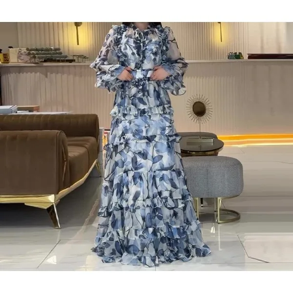 

Long Dresses for Women Fall 2025 New Floral Print Flare Sleeve Stand Collar Female Elegant Vestidos Maxi Dress Dropship Skirt