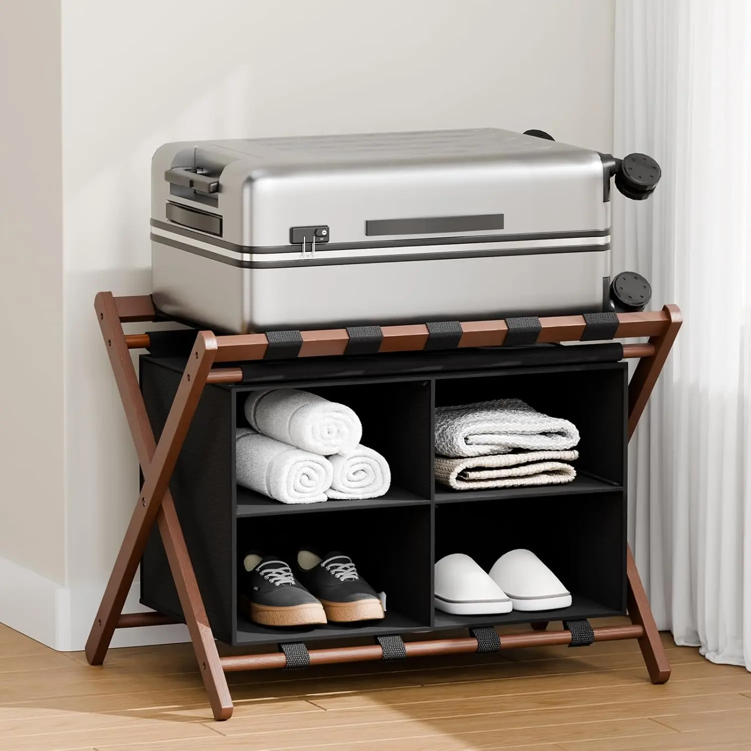 

Foldable Bamboo Luggage Rack with Heavy-Duty Support, Space-Saving Design for Guest Rooms and Hotels