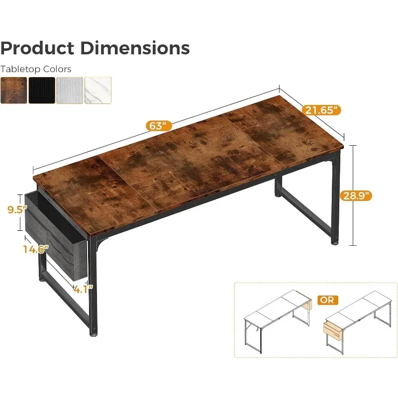 Computer Desk Large Office Desk, 63 Inch Gaming Desk with Storage, Modern PC Desk Work Table with Headphone Hook