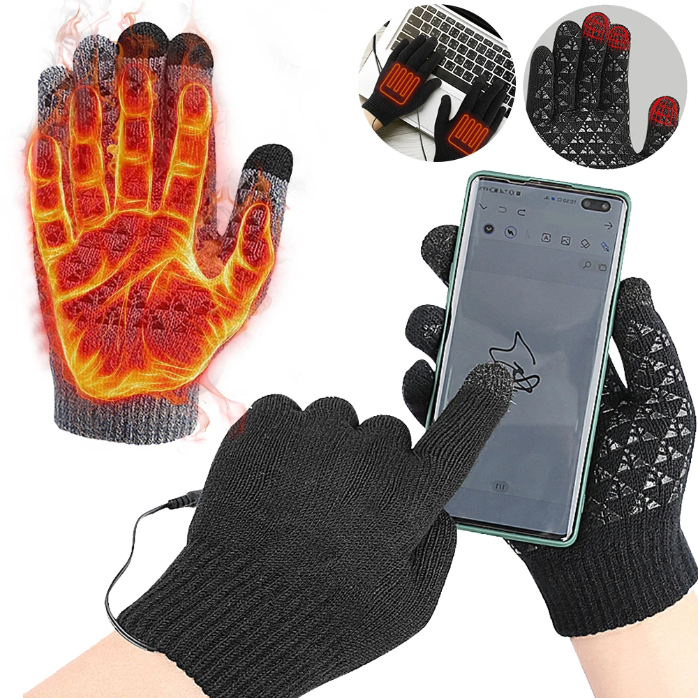USB Heated Knitted Gloves Full Finger Gloves Non-Slip Touch Screen Gloves Thicken Winter Cycling Gloves for Autumn Winter